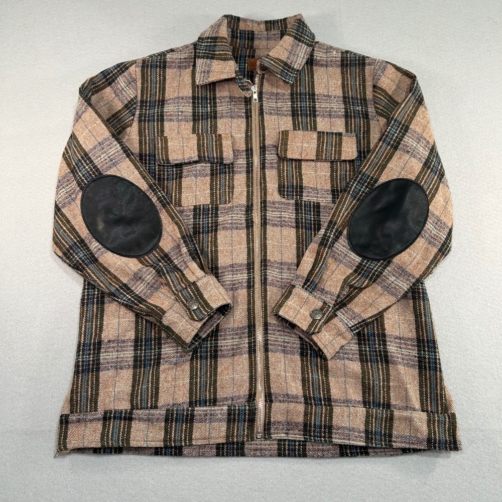 POL Plaid Zip Shirt Jacket Women Medium Brown Elbow Patch JFT734A Tweed